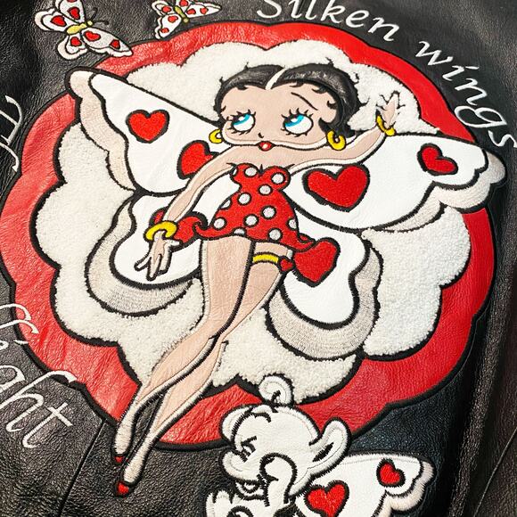 VTG Y2K American Toons Betty Boop Butterfly Embroidered Leather Jacket Size S - Picture 2 of 8